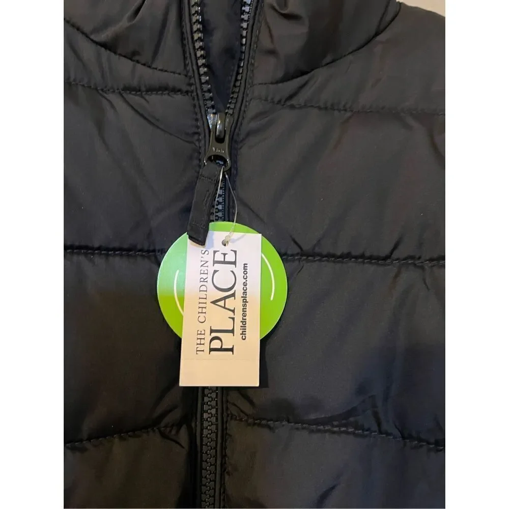 The Children's Place Boys XL Quilted Puffer Jacket Black Water Resistant Winter